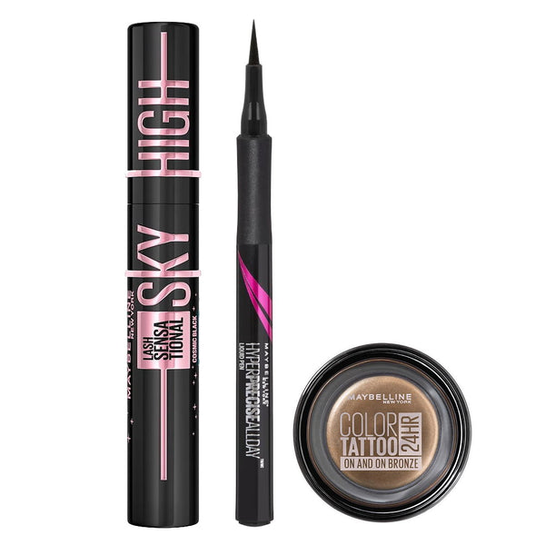 3pk SET Maybelline Sky High Mascara Cosmic Black + Hyper Eyeliner 700 Black and Tattoo Eyeshadow 35 On Bronze