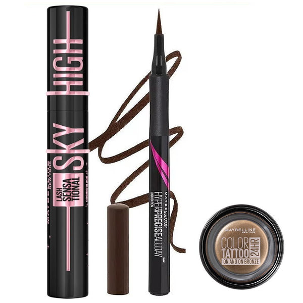 3pk SET Maybelline Hyper Eyeliner 710 Brown + Sky High Mascara Cosmic Black + Eyeshadow 35 Bronze