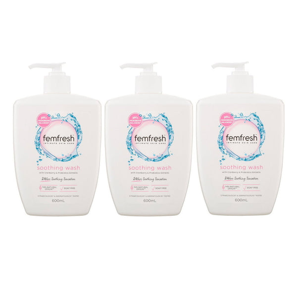 3x Femfresh Soothing Wash with Cranberry and Probiotics Extracts 600ml