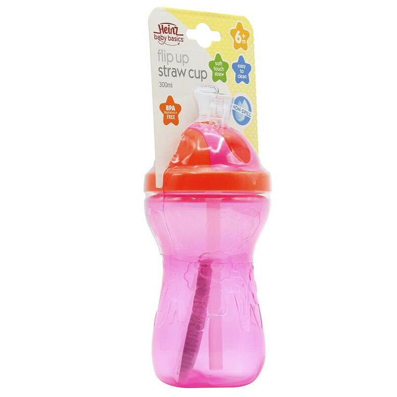 Heinz Baby Basics Flip Up Straw Cup Pink 6m+ 300mL - Baby Bottles