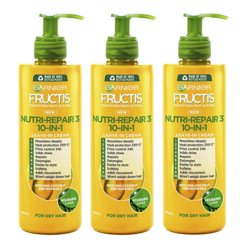 3x Garnier Fructis Nutri Repair 3 10-in-1 Leave-In Treatment Cream For Dry Hair 400ml