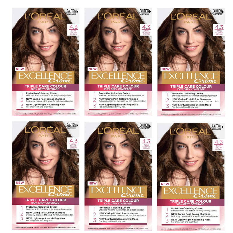 6x L'Oreal Paris Excellence Creme Permanent Hair Colour 4.3 Dark Golden Brown