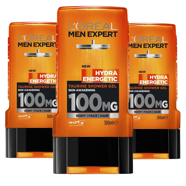 3x L'Oreal Men Expert Hydra Energetic Shower Gel Body Face Hair 300ml