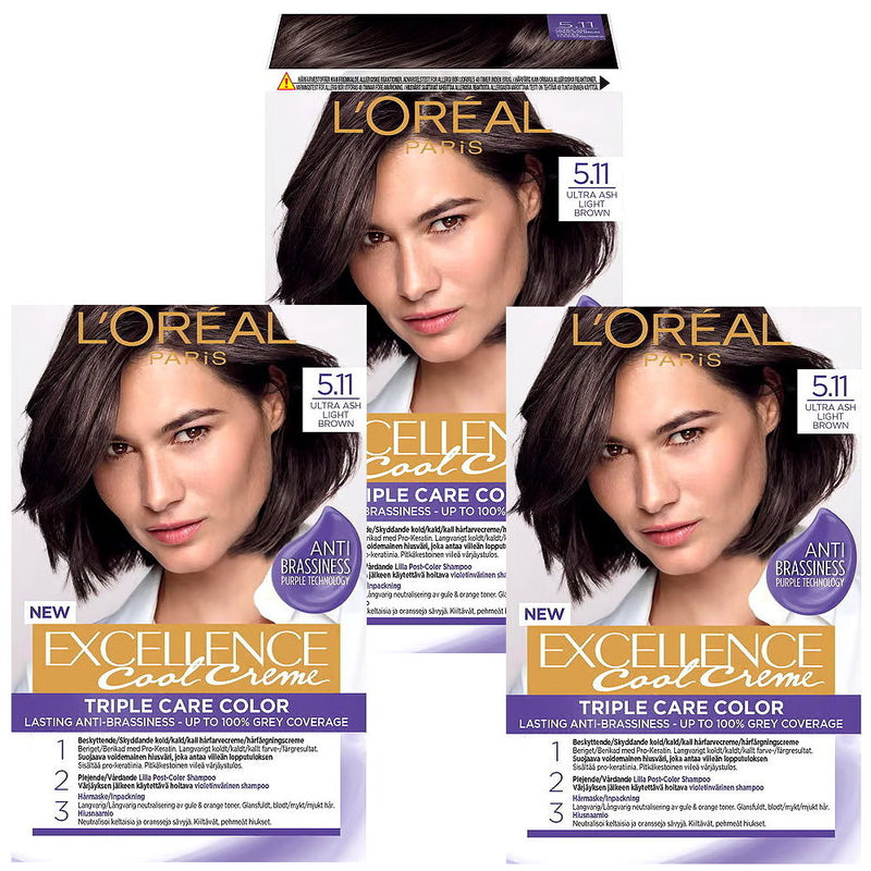 3x L'Oreal Paris Excellence Cool Creme Permanent Hair Colour 5.11 Ultra Light Brown