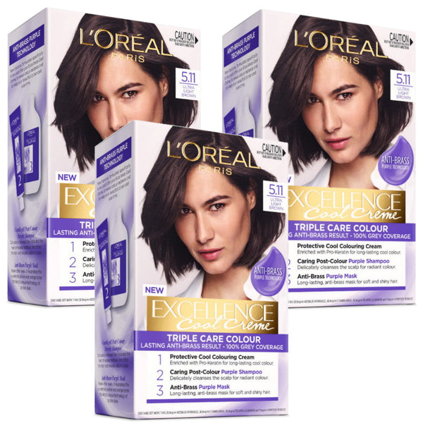 3x L'Oreal Paris Excellence Cool Creme Permanent Hair Colour 5.11 Ultra Light Brown