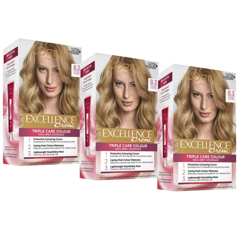 3x L'Oreal Paris Excellence Crème Permanent Hair Colour 8.3 Golden Blonde