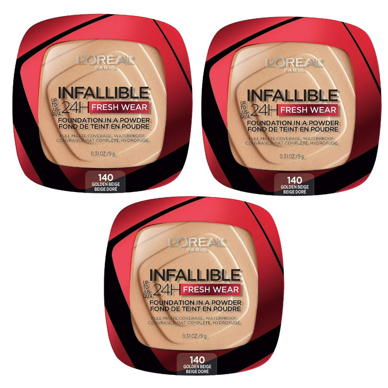 3x L'Oreal Paris Infallible 24 Hour Freshwear Foundation In A Powder 140 Golden Beige