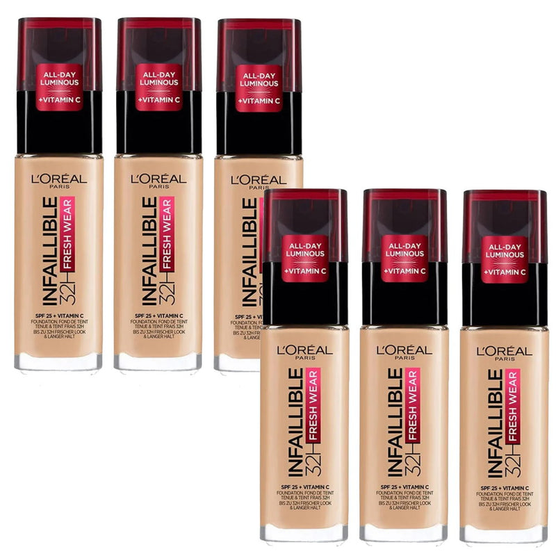 6x L'Oreal Paris Infallible 32H Fresh Wear Foundation SPF 25 30ml 120 Golden Vanilla