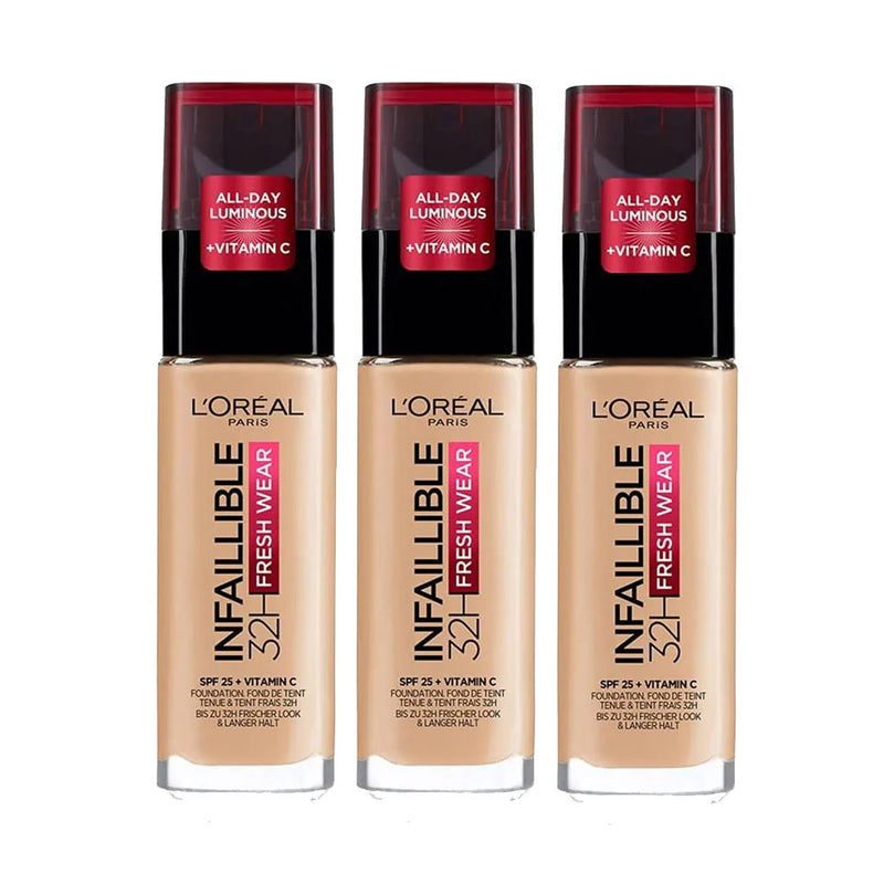 3x L'Oreal Paris Infallible 32H Fresh Wear Foundation SPF 25 30ml 120 Golden Vanilla