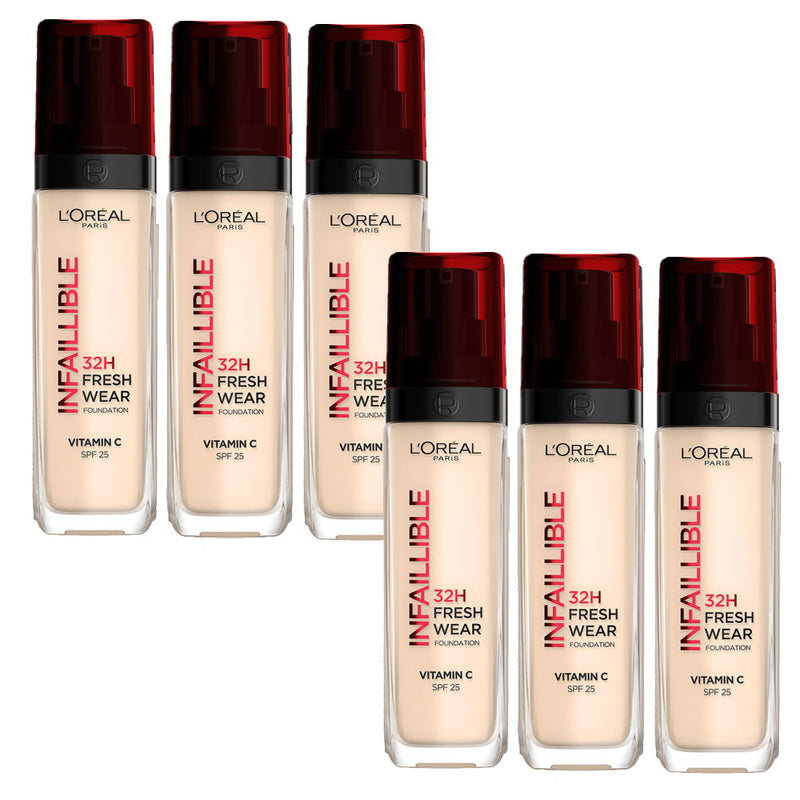 6x L'Oreal Paris Infallible 32H Fresh Wear Foundation SPF 25 30ml 130 Cool Undertone