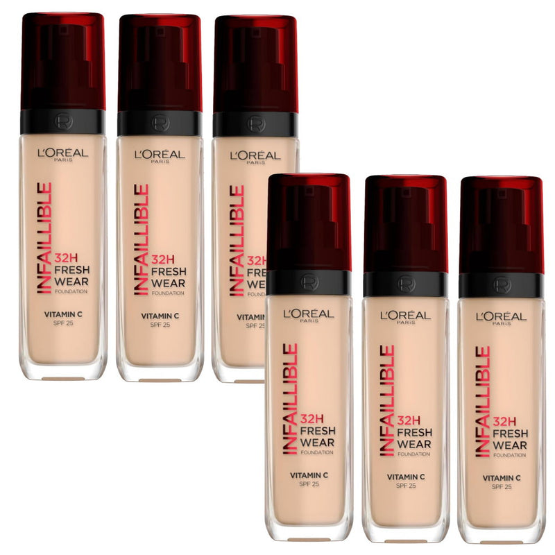 6x L'Oreal Paris Infallible 32H Fresh Wear Foundation SPF 25 30ml 132 Warm Undertone