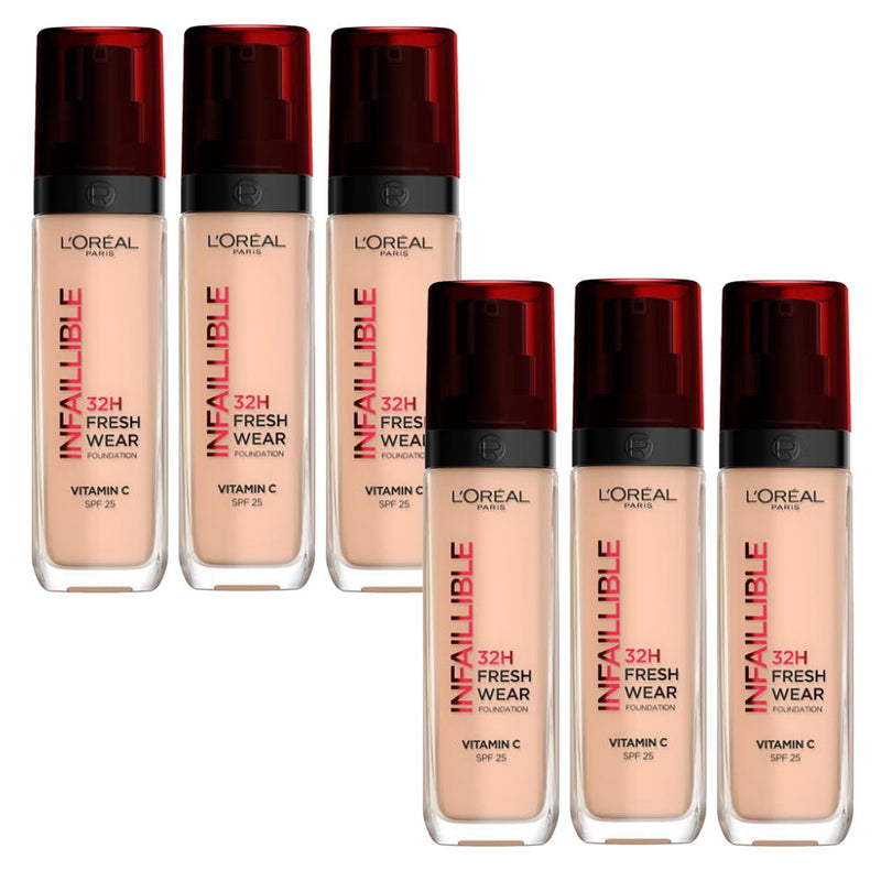 6x L'Oreal Paris Infallible 32H Fresh Wear Foundation SPF 25 30ml 145 Cool Undertone