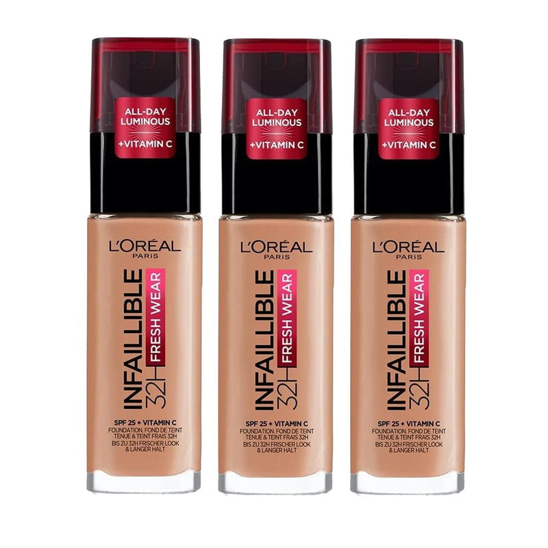 3x L'Oreal Paris Infallible 32H Fresh Wear Foundation SPF 25 30ml 300 Amber