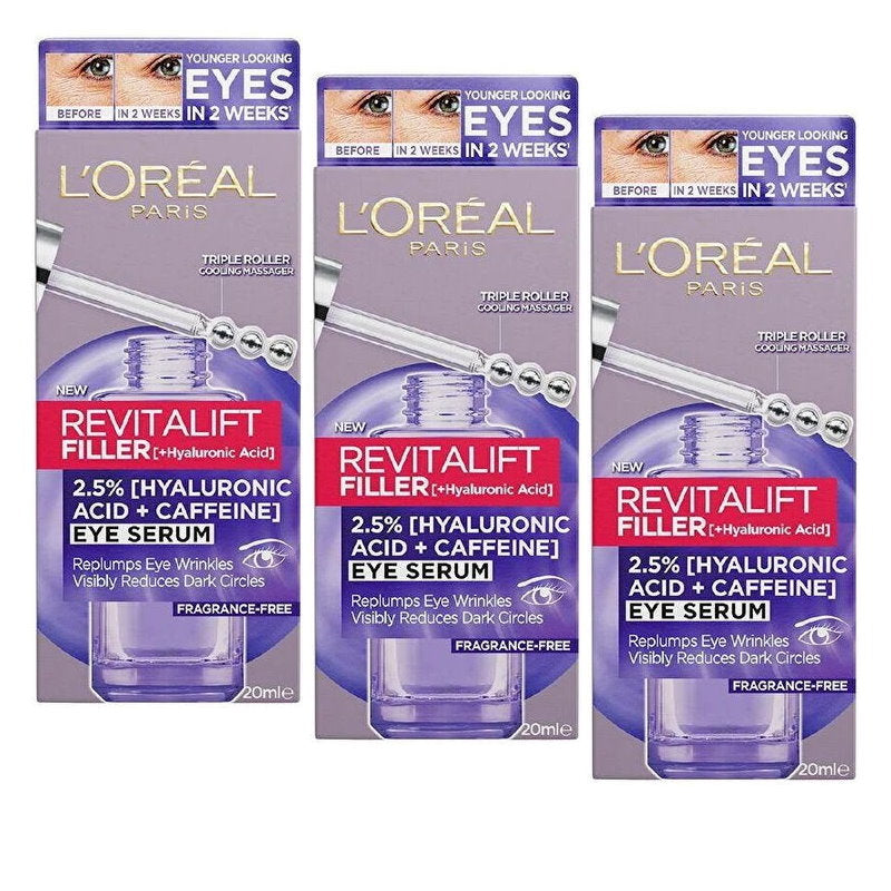 3x L'Oreal Paris Revitalift Filler Hyaluronic Acid Eye Serum 20mL