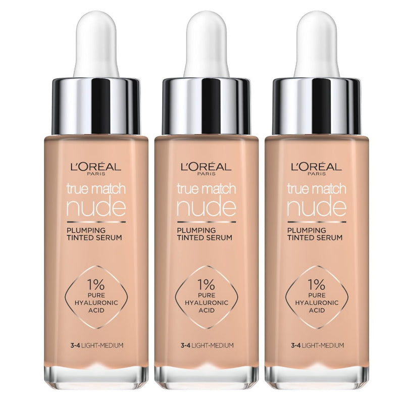 3x L'Oreal Paris True Match Nude Plumping Tinted Serum 30ml 3-4 Light Medum