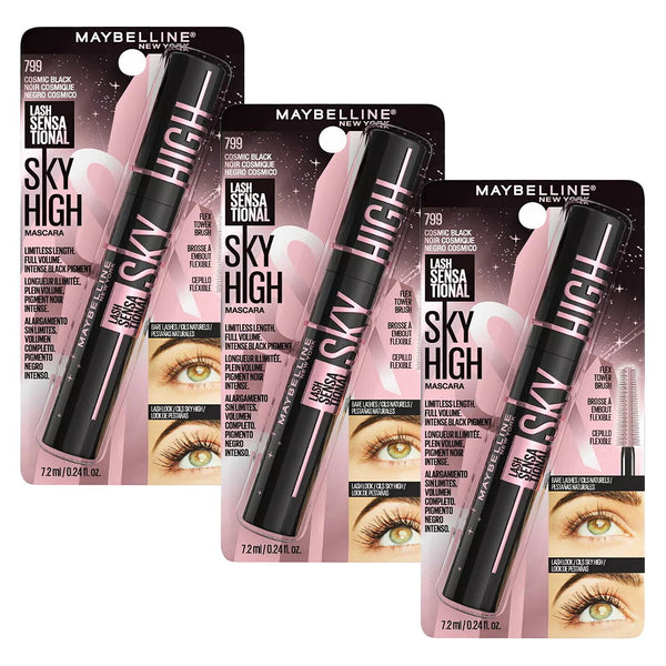 3x Maybelline Lash Sensational Sky High Mascara 7.2ml 799 Cosmic Black (carded)