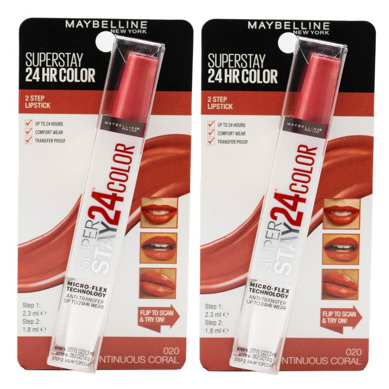 2x Maybelline Superstay 24 Hour Colour 2 Step Lipstick 020 Continuous Coral - Maybelline makeup is a go-to brand