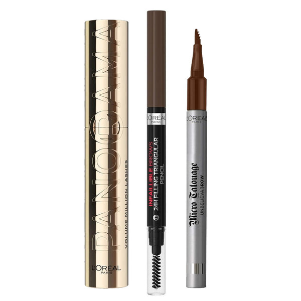 3pk SET LOreal Eyebrow Definer 105 Brunette, Triangular Eyebrow Pencil 3.0 and Panorama Mascara Dark Brown