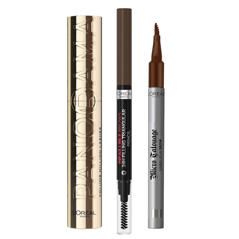 3pk SET LOreal Eyebrow Definer 105 Brunette, Triangular Eyebrow Pencil 3.0 and Panorama Mascara Black