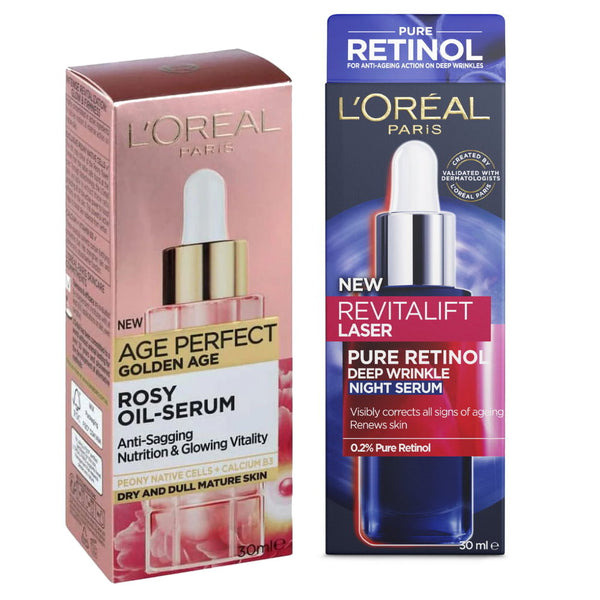 2pk L'Oreal Revitalift Laser Pure Retinol Night Serum plus Age Perfect Golden Age Rosy Oil