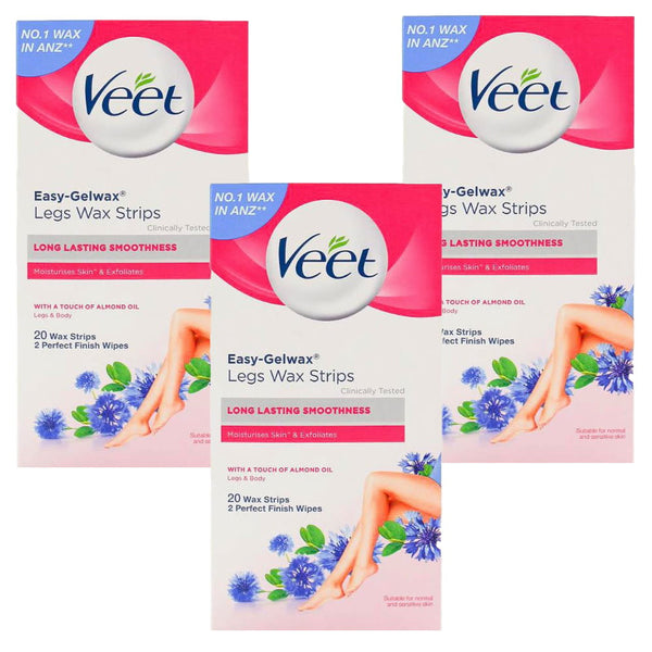 3x Veet Easy Gel Legs and Body Wax Strips Almond Oil 20 Pack