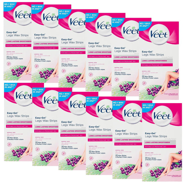 12x Veet Easy Gel Legs and Body Wax Strips Shea Butter and Acai Berries 20 Pack