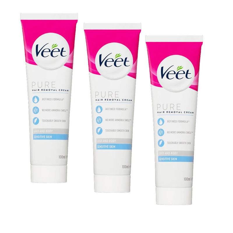 3x Veet Pure Hair Removal Cream Legs And Body Sensitive Skin 100ml