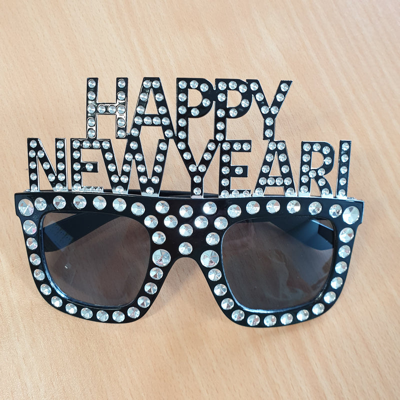 BLACK Happy New Year Diamante Party Sunglasses