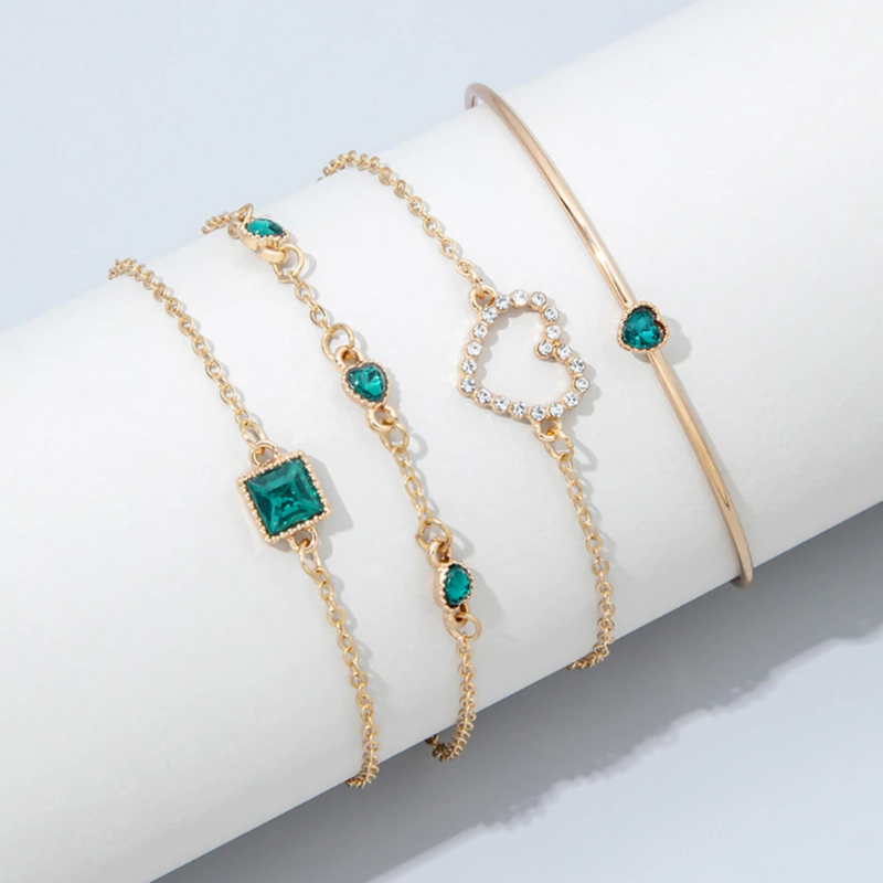 Rosy Lane Set of 4 Emerald Green Heart Detail Bracelet